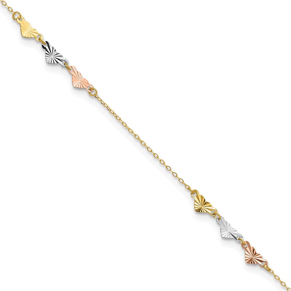 14K Tri-Color Diamond-cut Hearts Charms 9" + 1" ext Summer Fine Jewelry Anklet
